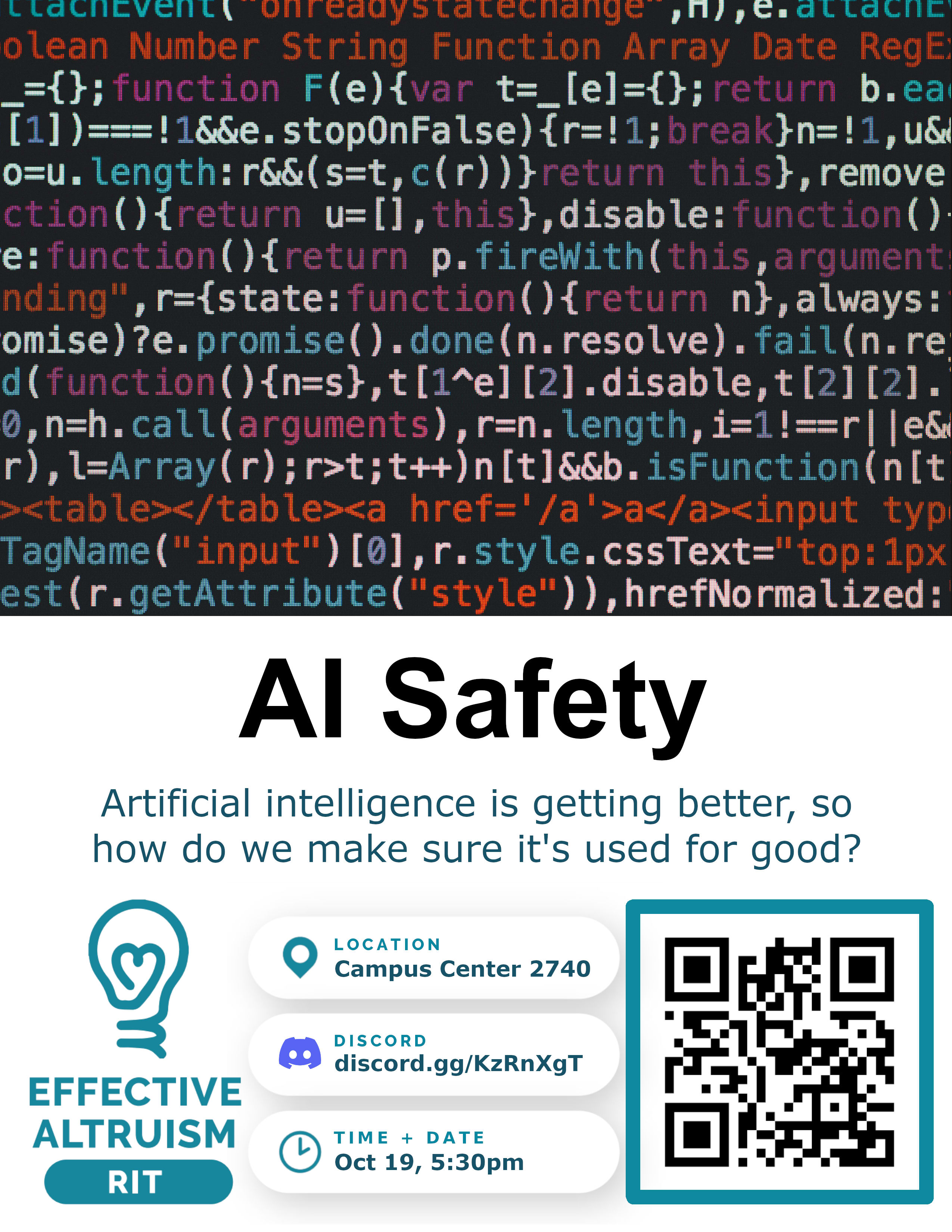 an ai safety poster, with a subtitle saying, "Artificial Intelligence is getting better, so how do we make sure it