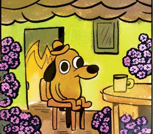 A dog sitting with his coffee. Flames in the background. Foreground is full of flowers and flowery bushes. A comics draw...