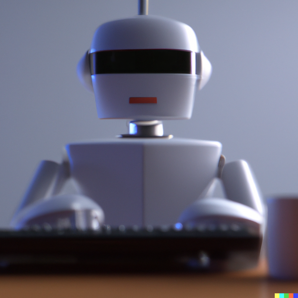 An AI-Generated picture of a robot sitting in front of a computer and typing. Front-facing shot.