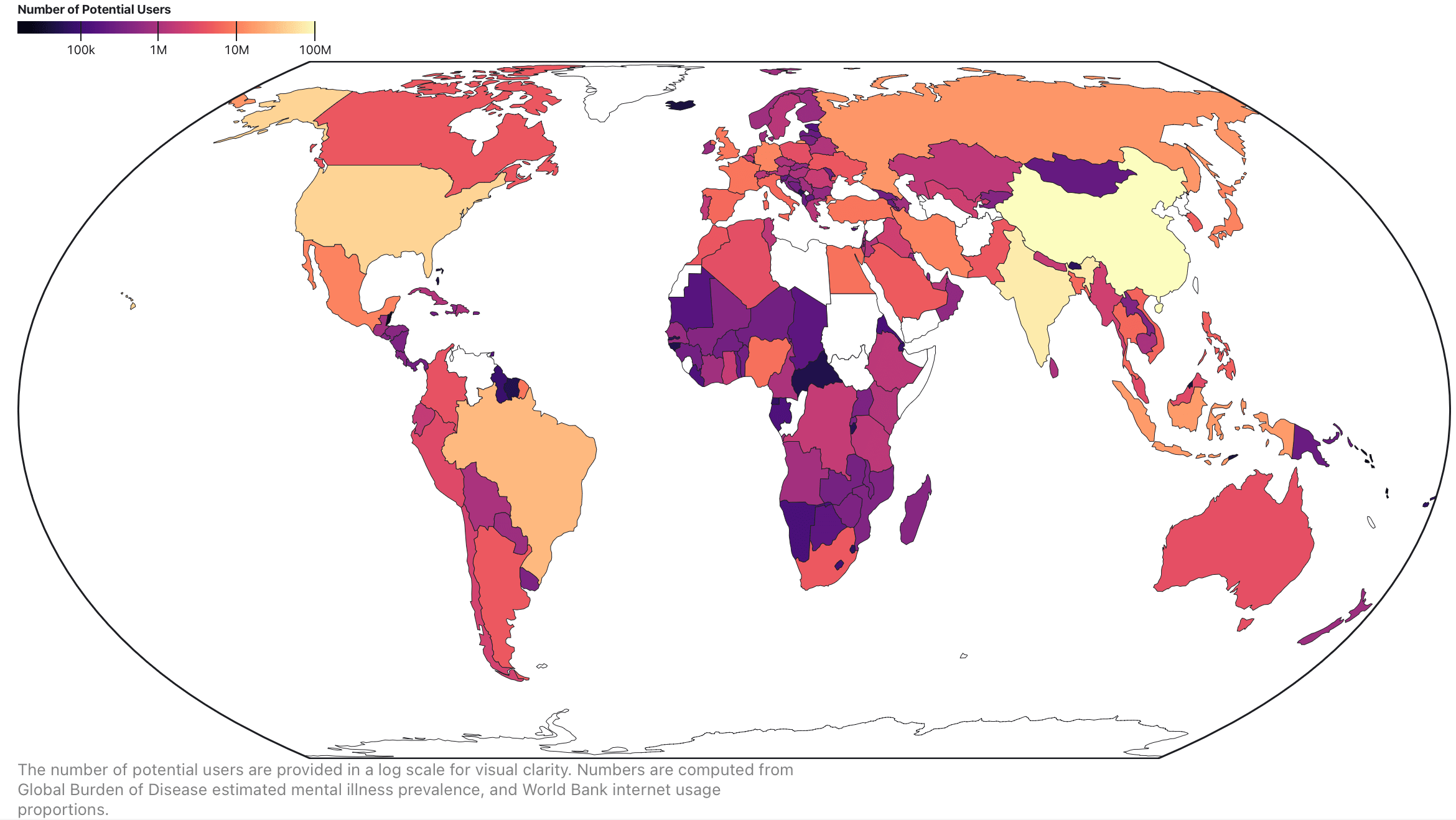 The number of potential users are provided in a log scale for visual clarity. Numbers are computed from Global Burden of Disease estimated mental illness prevalence, and World Bank internet usage proportions.