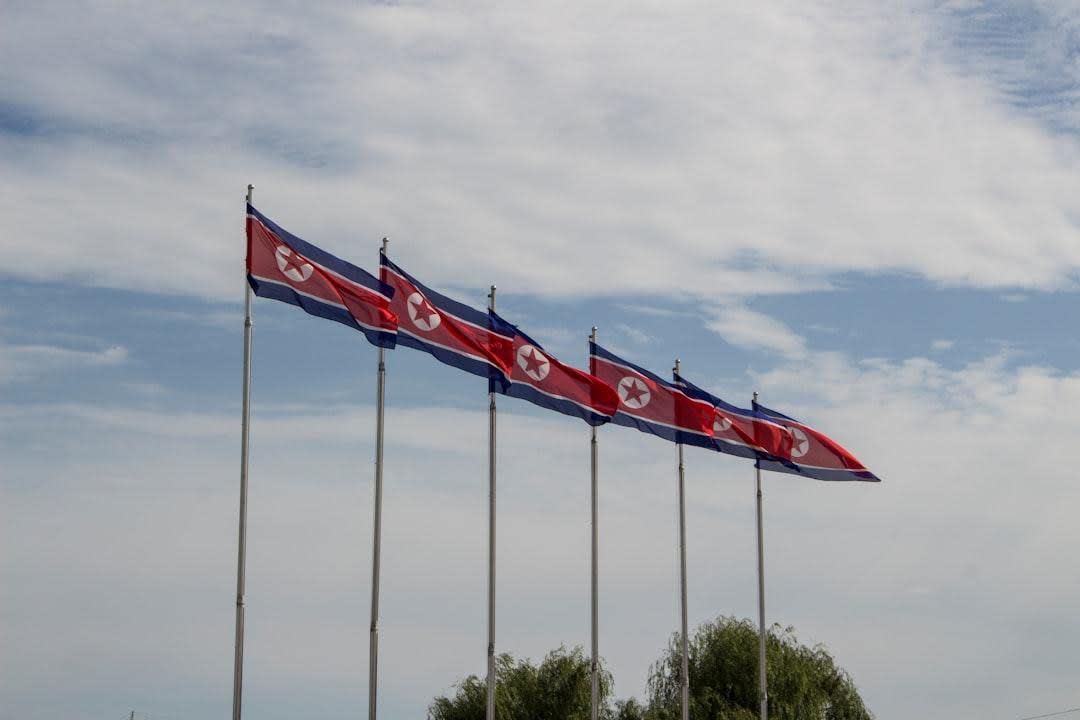 North Korean flags.