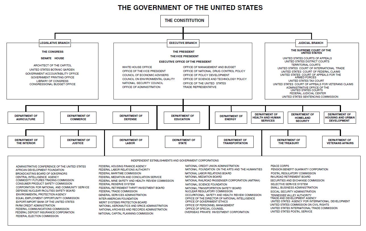 organizational chart of the US government, showing many agencies