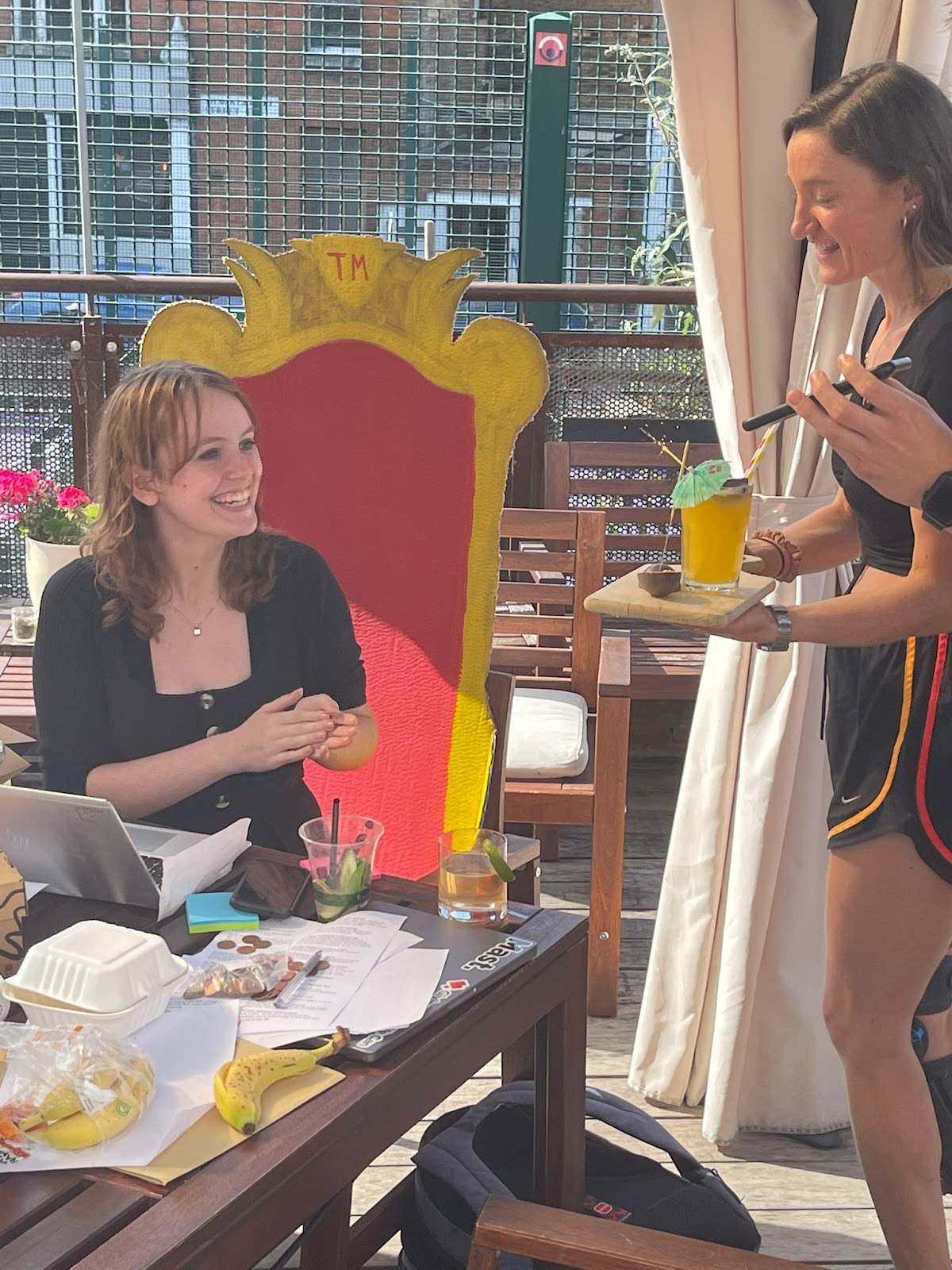 Gemma (on her handmade taskmaster throne) graciously accepting her third cocktail of the afternoon