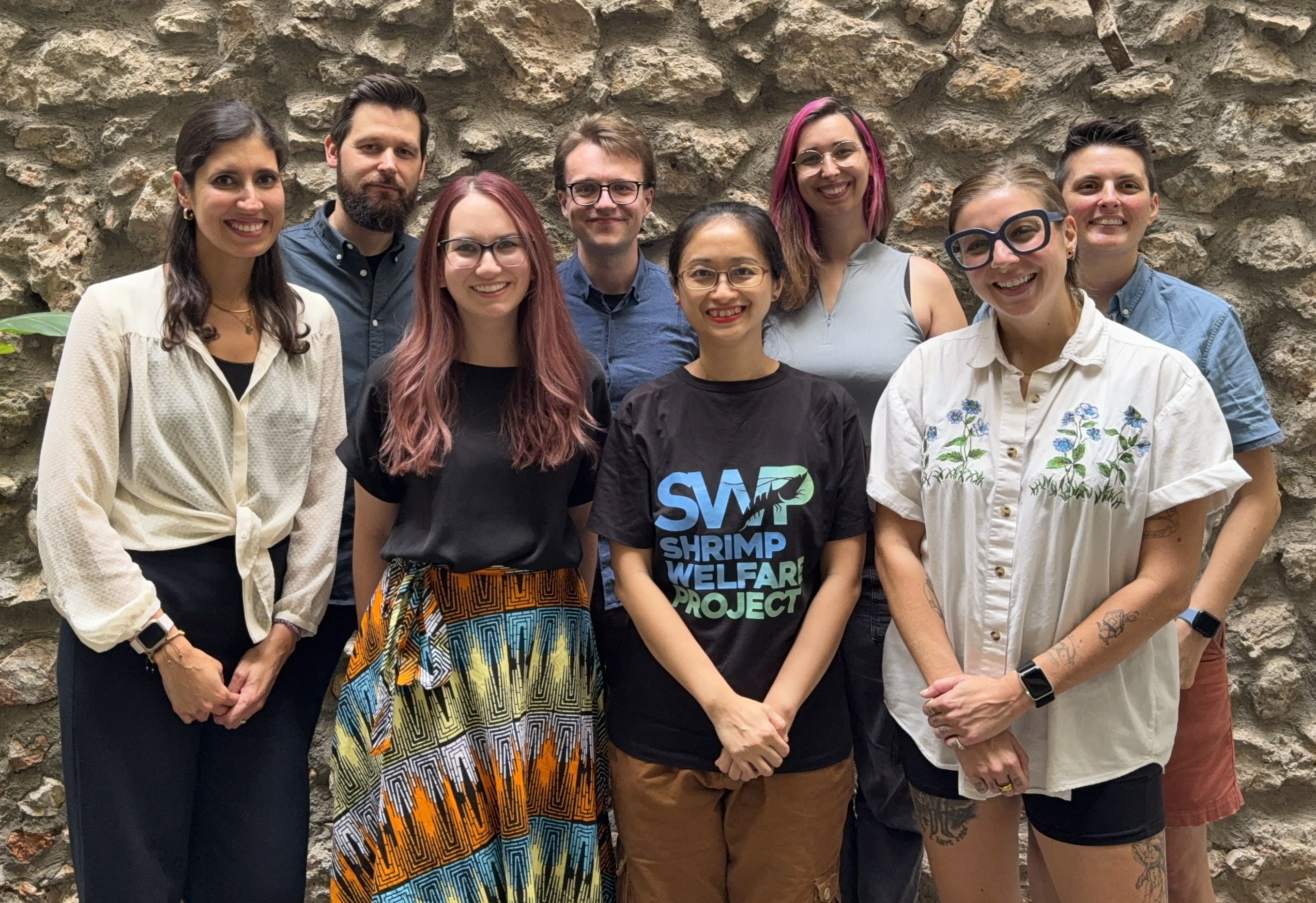 The Shrimp Welfare Project team at our annual “Shrimposium” in 2025. Unfortunately, our two team members in India were unable to attend in-person, but they participated throughout the week via video calls.