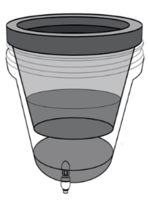 Schematic representation of how a ceramic filtering element fits inside a plastic bucket with a spigot in it to make a simple "ceramic plus bucket" water filter