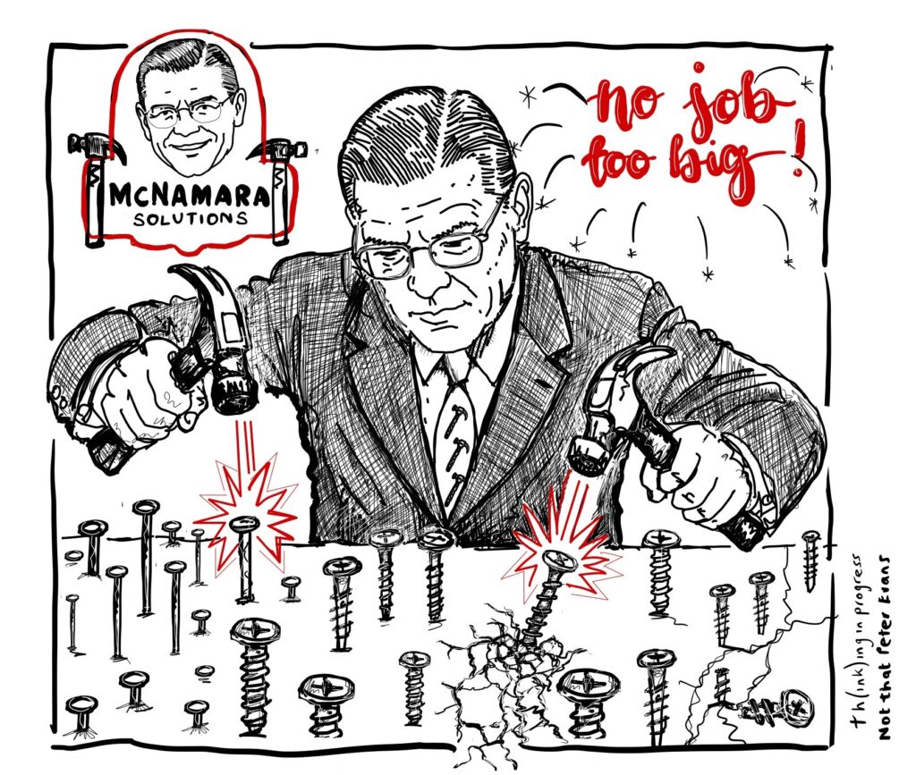 cartoon of a man hitting both screws and nails with a hammer