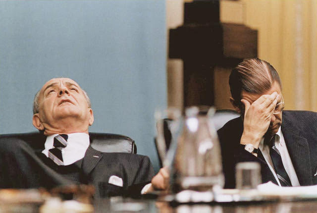 President Lyndon B. Johnson and McNamara in the Cabinet Room in 1968.