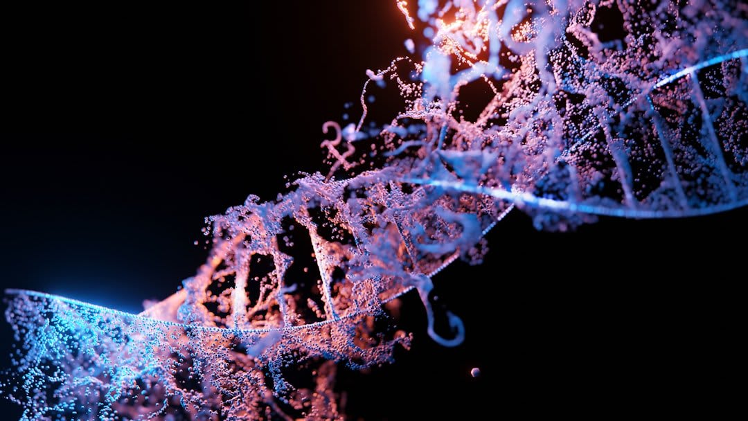 A glowing 3D render of a DNA double helix in blue and magenta against a black background.
