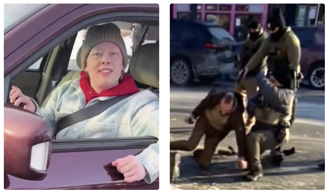 Left: A young woman wearing a dark beanie and a light patterned sweater sits in the driver's seat of a maroon car, her hand on the steering wheel as she looks out through the open window. Right: On a sunlit street, three masked agents in tactical gear stand over a man in a brown jacket who is on his hands and knees on the pavement. One agent grips his back while another points a gun at his head.