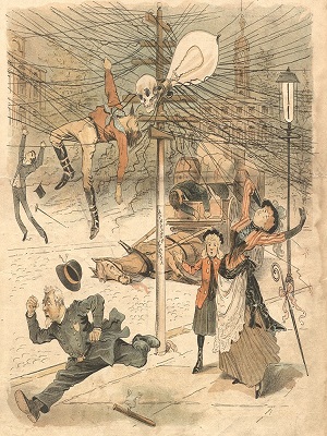 An illustration of the death of John Feeks, Western Union lineman, with people running about in panic at the idea of electrical danger in New York City.
