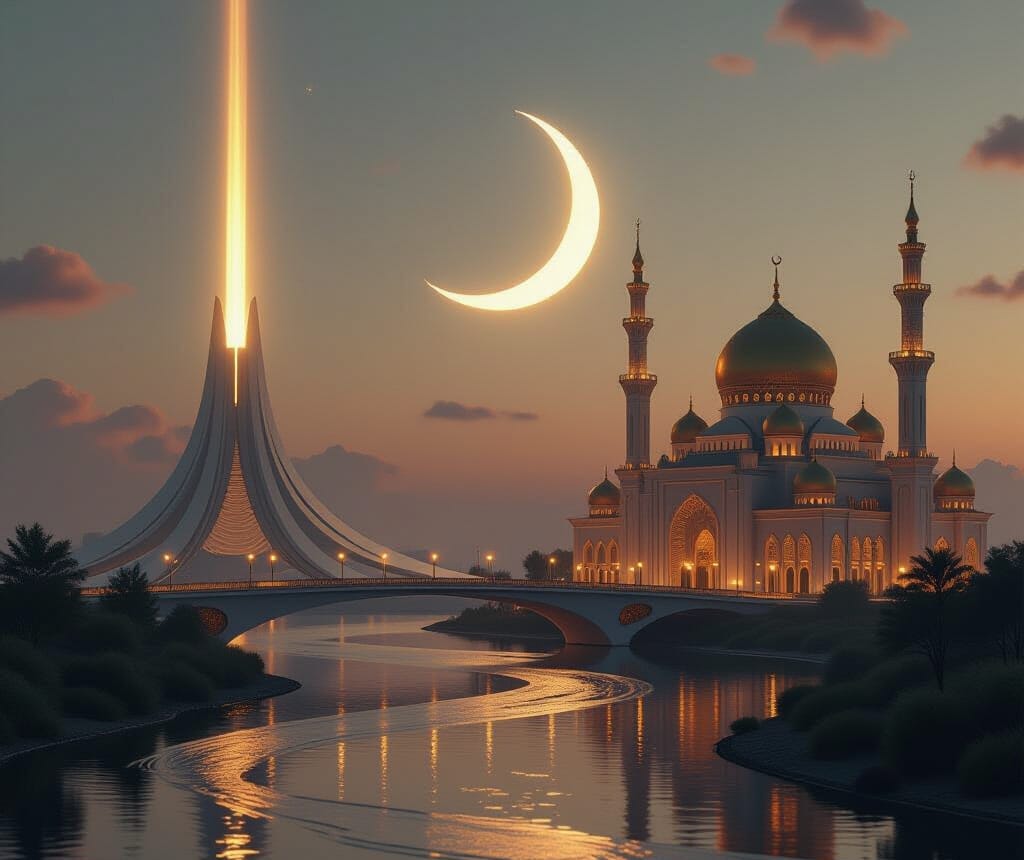 An image of a river running in the middle, on the right there's a grand mosque. On the left there's a huge building with a shining beacon of grand light shooting to the sky