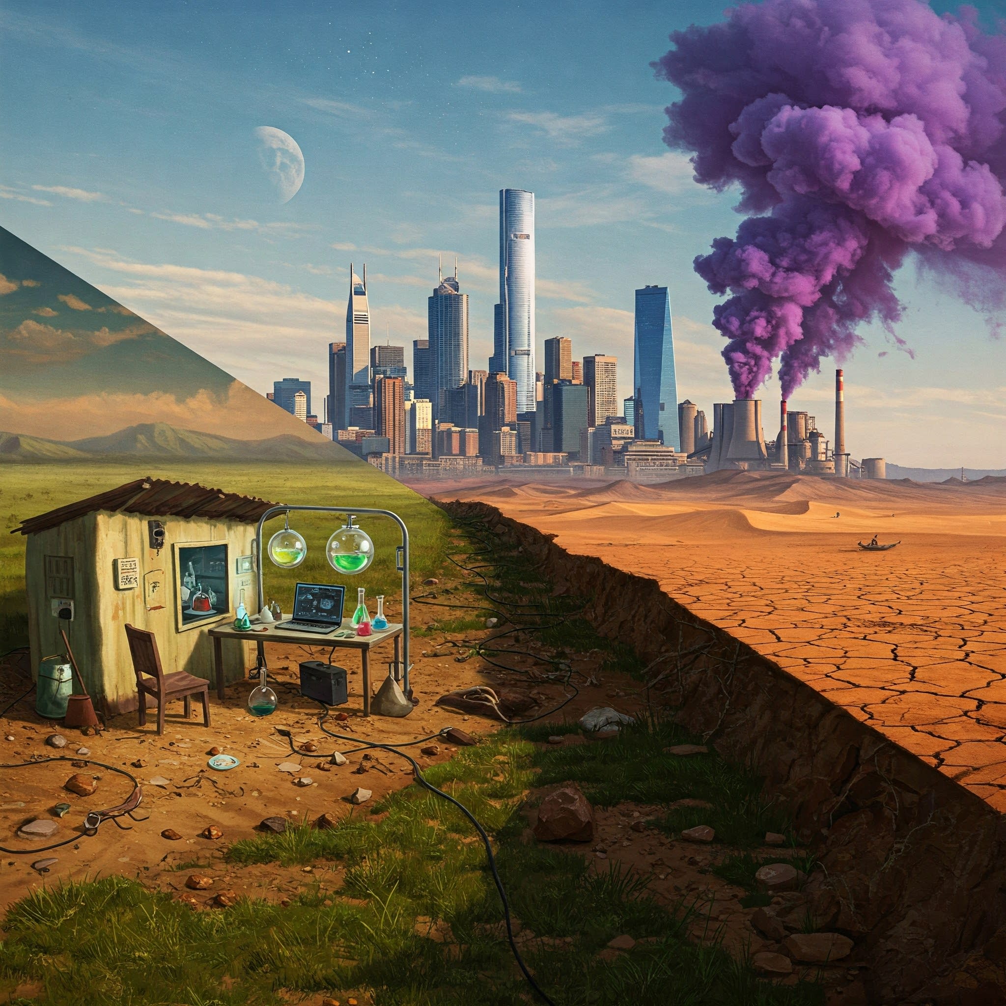 A digital collage juxtaposing three scenes: a basic laboratory in a rural landscape, a futuristic cityscape, and a desert with an ominous smoke plume. Generated by ChatGPT on 2025_04_17.