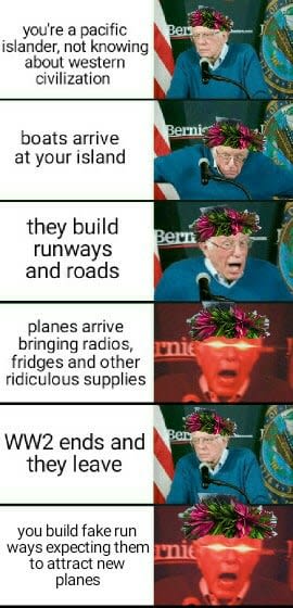 Cargo cults, theres still islands worshipping American soldiers, thinking  they were gods bringing them wealth : r/HistoryMemes