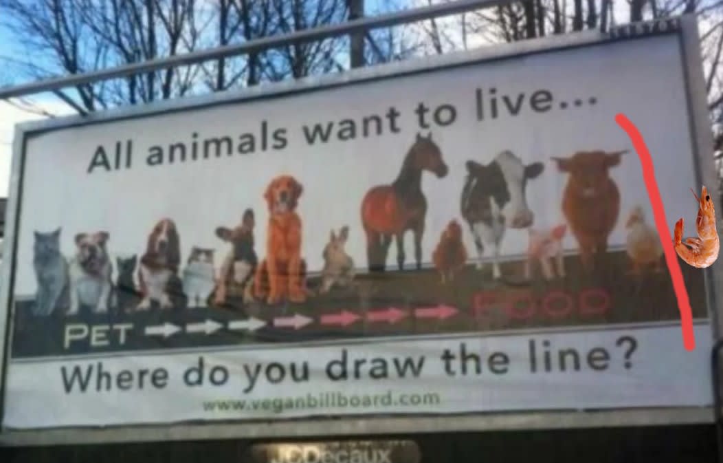 Billboard with a row of animals asking "where do you draw the line" with a shrimp edited in.