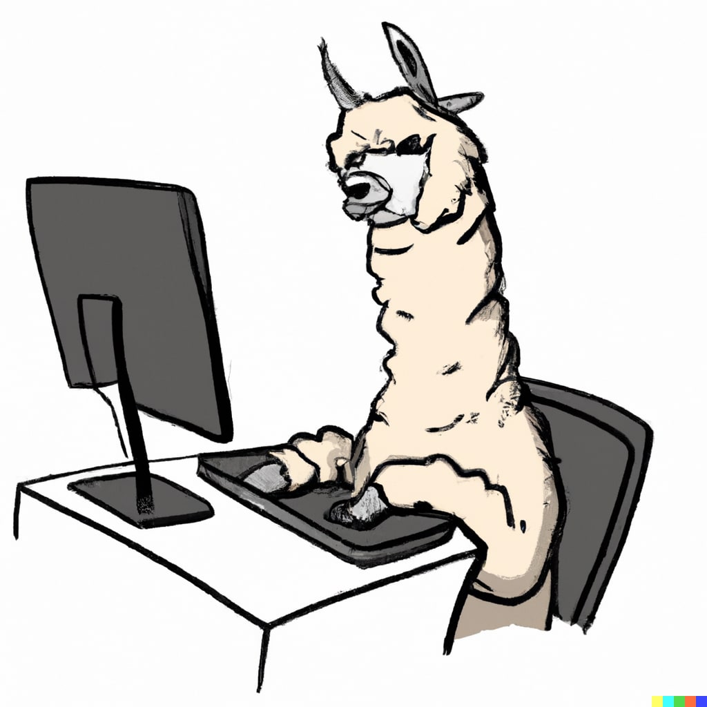 Dall-E depiction of an alpaca sitting infront of an computer in comic style.