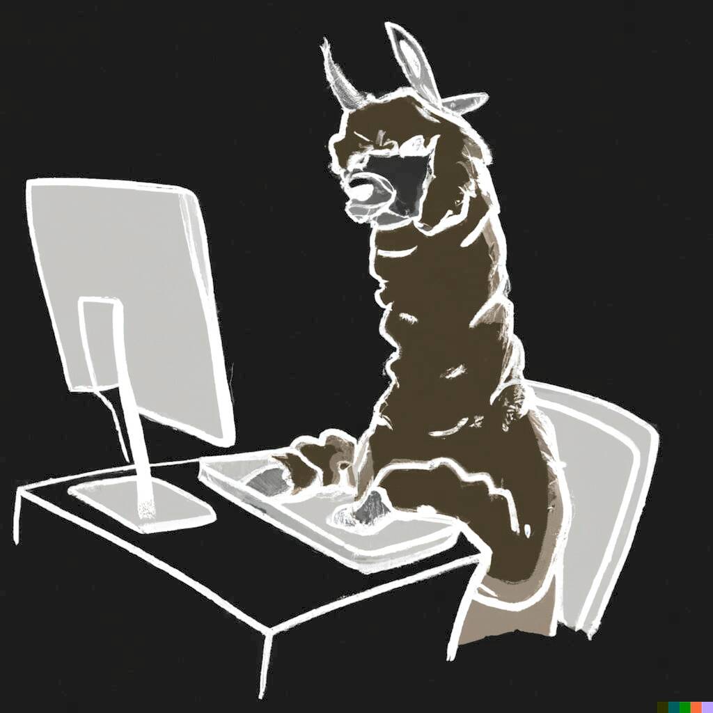 Dall-E depiction of an alpaca sitting infront of an computer in comic style.