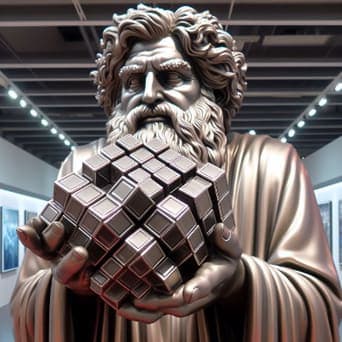 AI generated image of a statue of a Greek philosopher holding up a disorganized clump of 