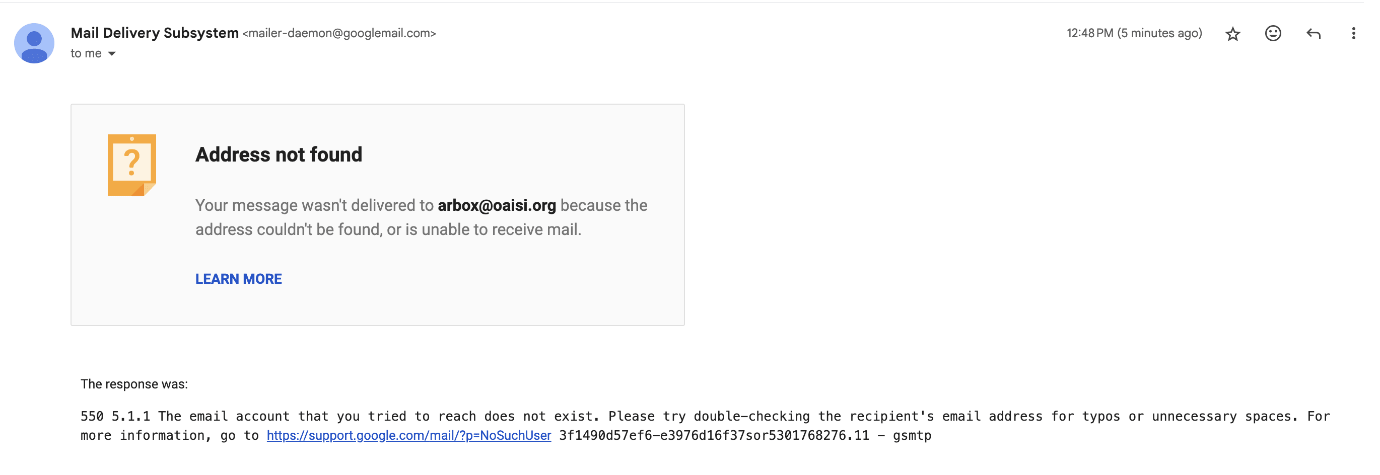 Address not found. Your message wasn't delivered to arbox@oaisi.org because the address couldn't be found or is unable to receive mail. 