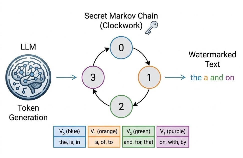 Figure 1: How MCL works at a glance. The vocabulary is split into 4 groups using a secret key and SHA-256. During generation, the model follows a clockwork cycle (0 then 1 then 2 then 3 then back to 0). The output “the a and on” has each word landing in the next group in the cycle. To detect the watermark, you just check whether consecutive words follow this pattern.