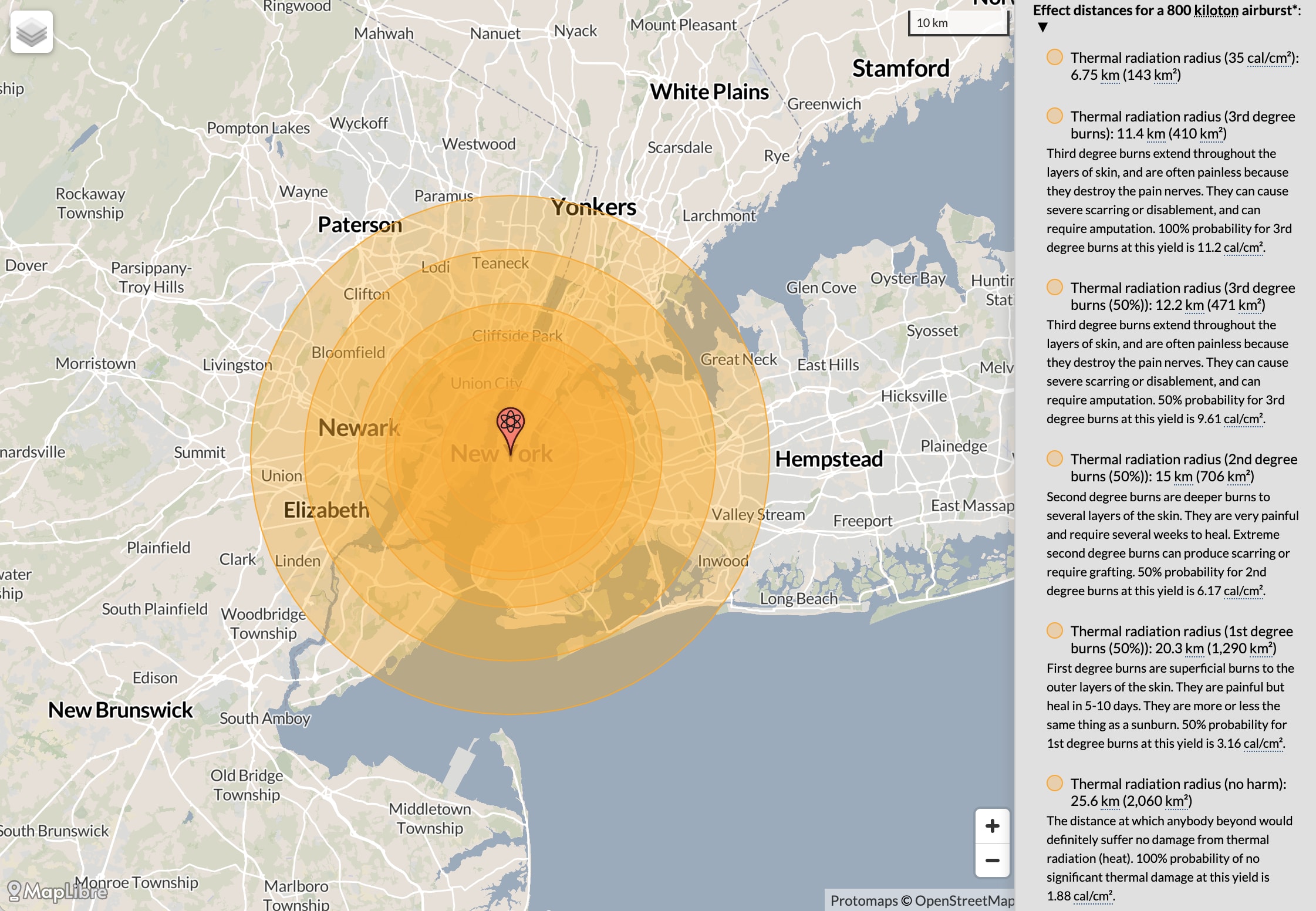 Thermal radiation radius for an 800 kiloton airburst