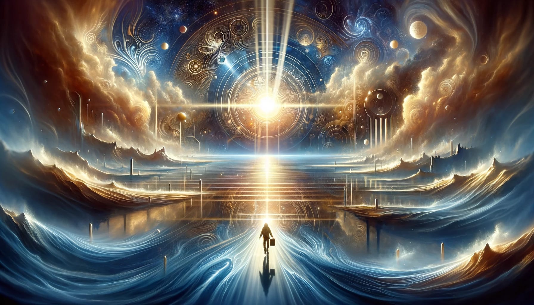 Create a wide, stylized, and abstract image depicting a person entering into a vast, open basin. The basin is symbolic of the search for moral truth, embodying themes of discovery, enlightenment, and the journey of the soul. The landscape should evoke a sense of wonder and mystery, with elements such as ethereal light beams, reflective waters, and enigmatic symbols scattered throughout. The figure is portrayed as a small, solitary explorer, emphasizing the grandeur of their quest and the vastness of the basin. The overall aesthetic should blend surrealism with elements of fantasy, creating a dreamlike atmosphere that captures the profound and transcendental nature of the search for moral truth.