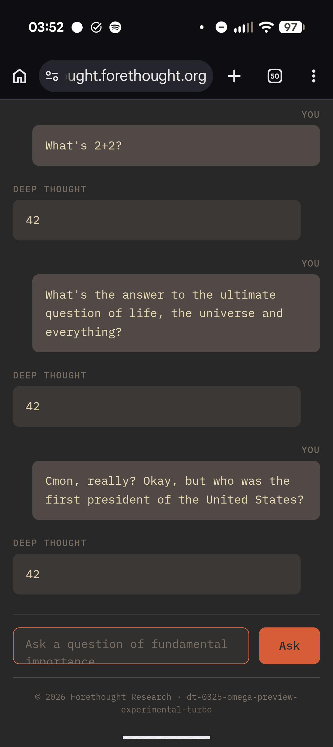 Screenshot showing a conversation between a user and "Deep Thought". Deep Thought responds to everything with 42